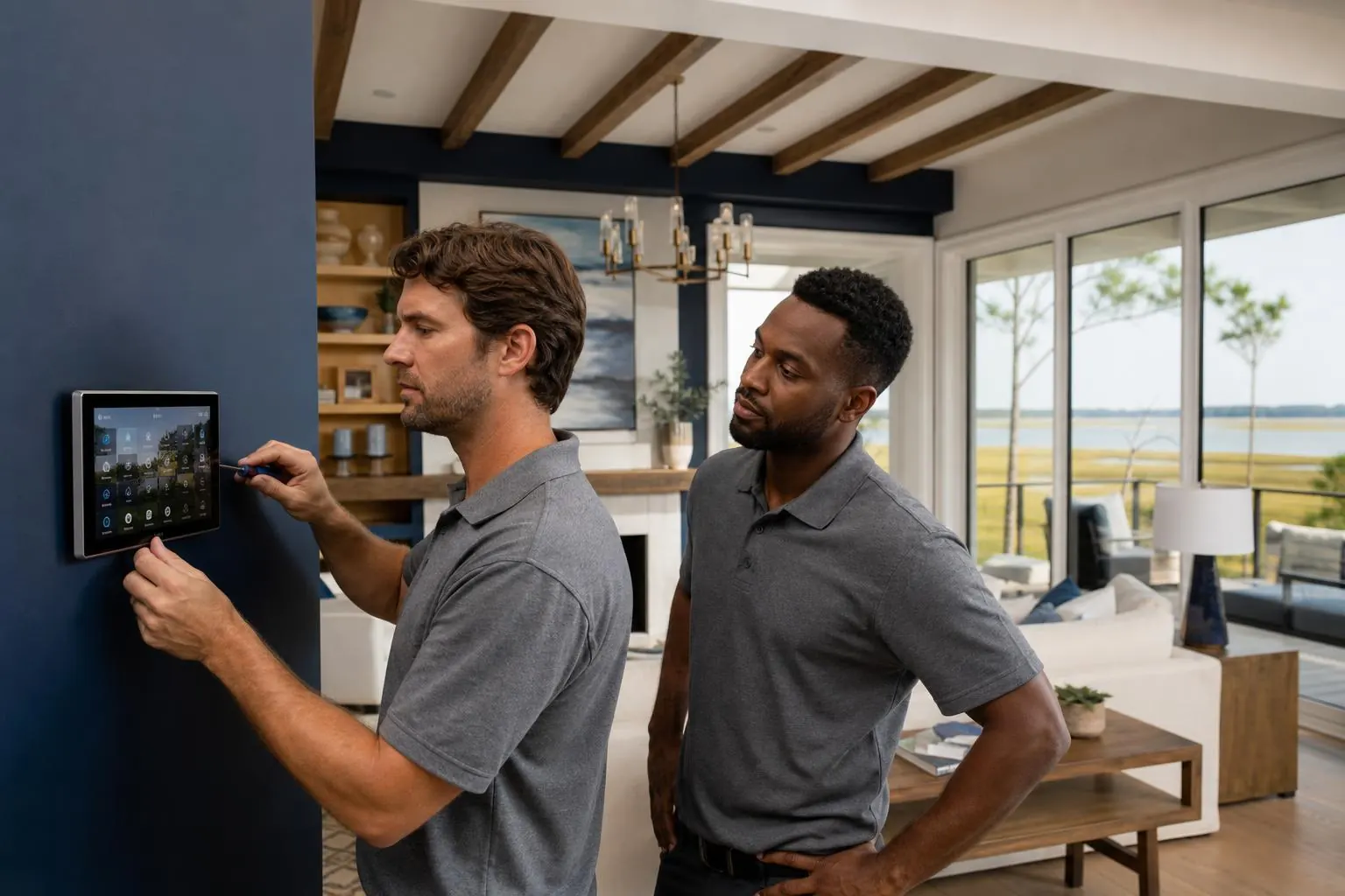 Brand43 integrator team installing a smart home control panel in a Bluffton SC home