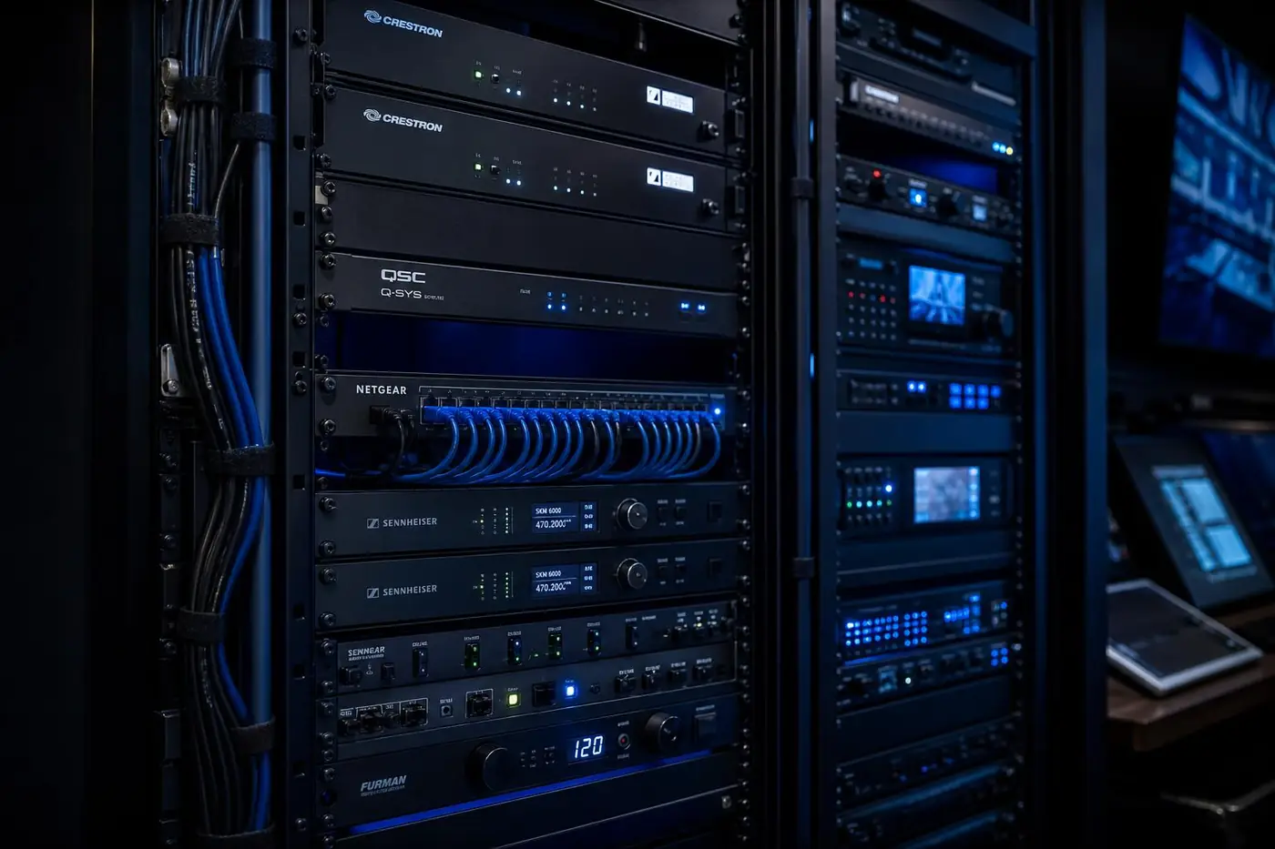 Professionally cabled AV equipment rack — Brand43 Technologies install