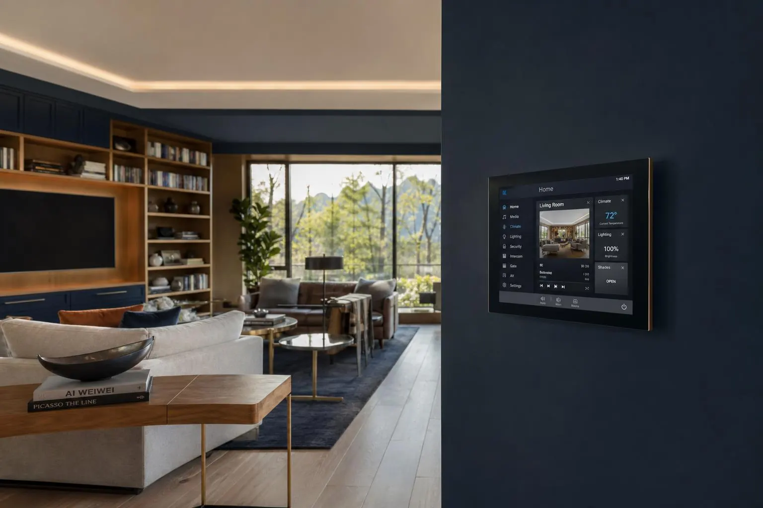 Wall-mounted smart home control touchpanel in a Lowcountry living room